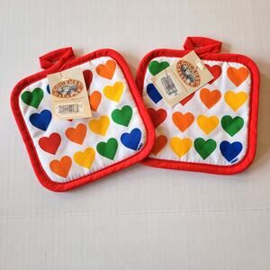 Vintage Rainbow Heart Pot Holders Set Of 2 Red Trim Quilted Cottagecore Pride